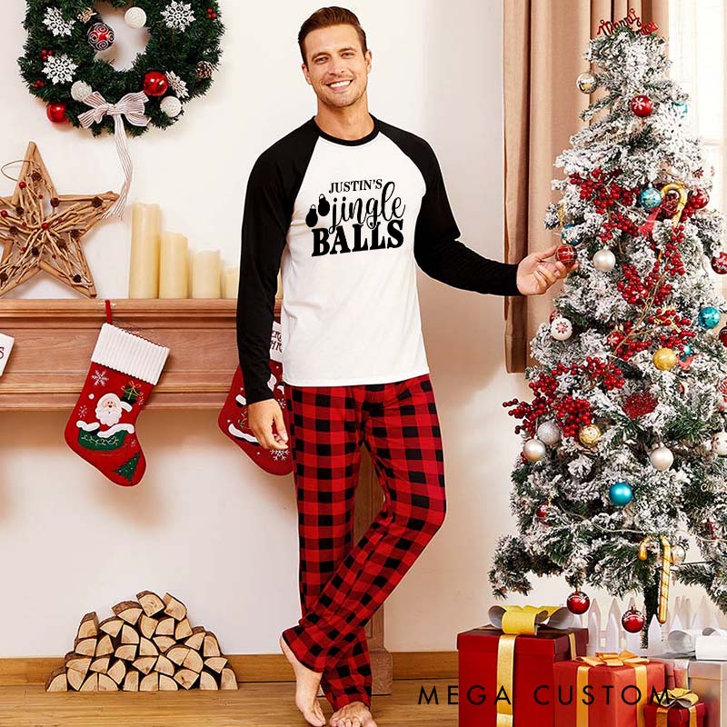 Personalized Minimalist Couple Jingle Balls and Tinsel Tits Xmas Pajamas with Name Christmas Matching Pjs for Husband Wife Boyfriend Girlfriend