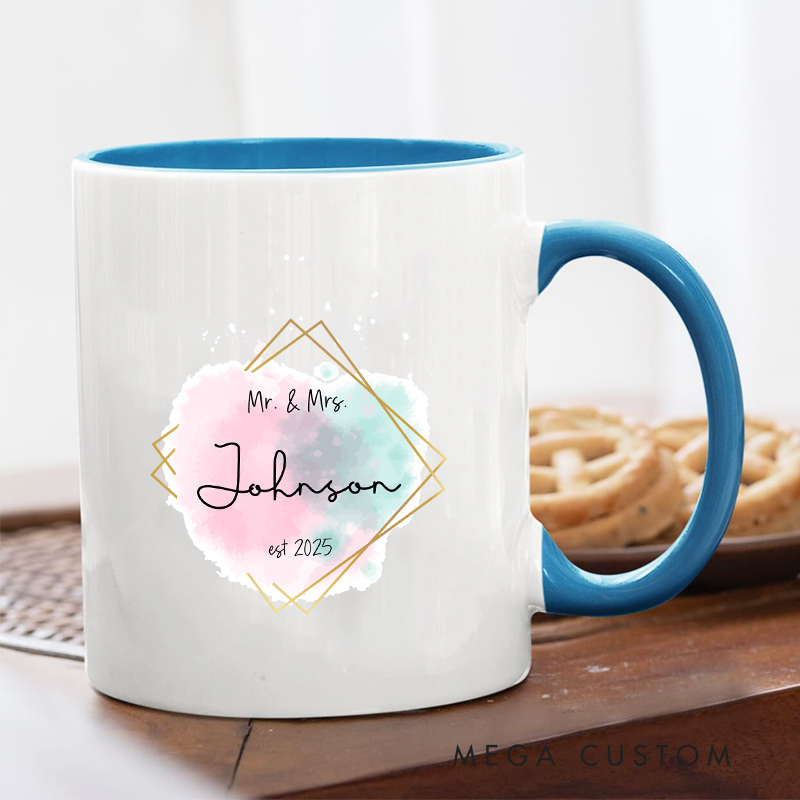 Personalized Mr. & Mrs. Watercolor Wedding  Mug Ceramic Coffee Mug for Newlywed Husband Wife Coffee Cup Couple Anniversary Cup