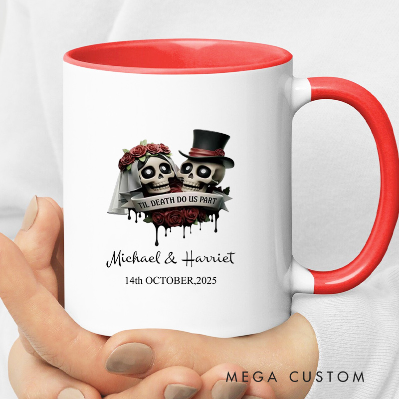 Personalized Couple Mug Til Death Do Us Part Wedding Mug Gothic Skeleton Groom Bride Mug Newlyweds Coffee Cup for Husband Wife