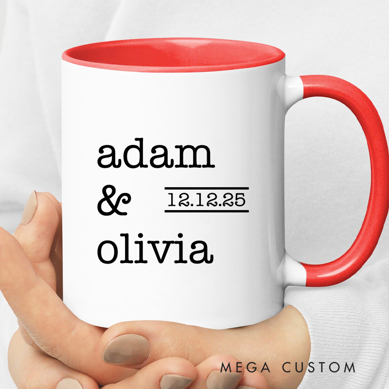 Personalized Minimalist Couple Name & Date Mug Ceramic Wedding Mug for Newlyweds Coffee Cup for Husband Wife Girlfriend Boyfriend