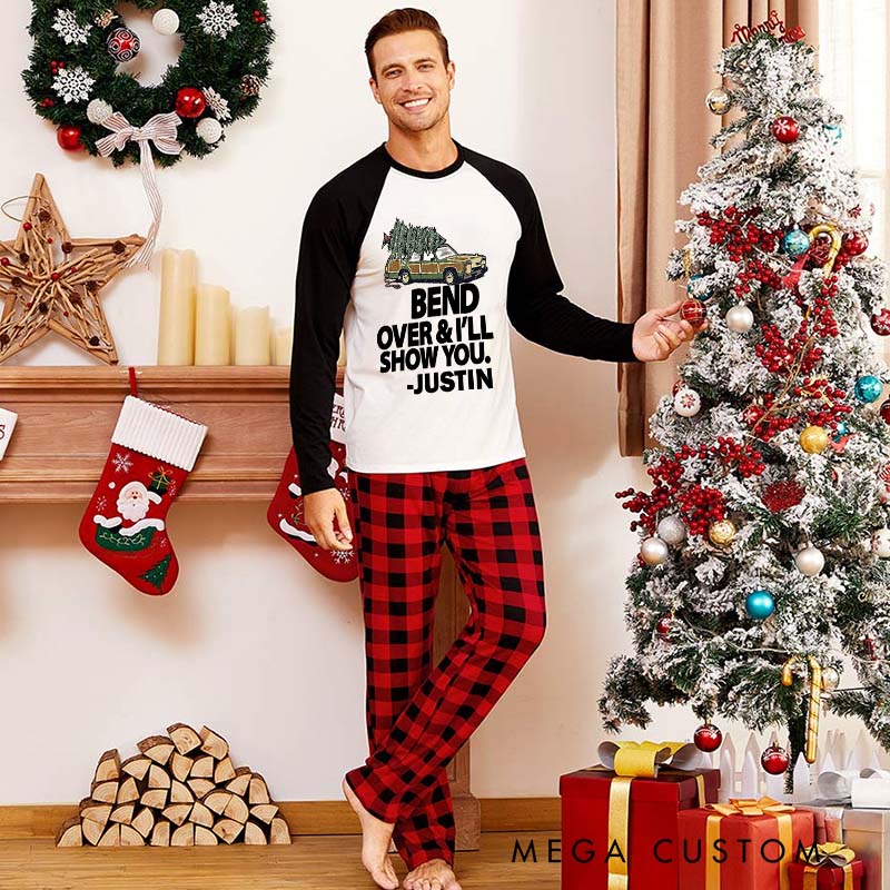 Personalized Funny Couple Bend Over and I’ll Show You Xmas Pajamas Where Do You Think You’re Gonna Put a Tree That Big Matching Pjs for Husband Wife