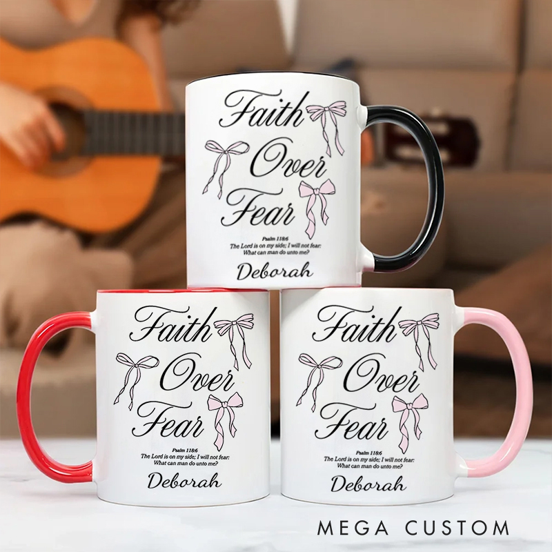 Personalized Faith Over Fear Bible Verse Inner Color Ceramic Mug with Name Birthday Religious Inspirational Gift for Christian