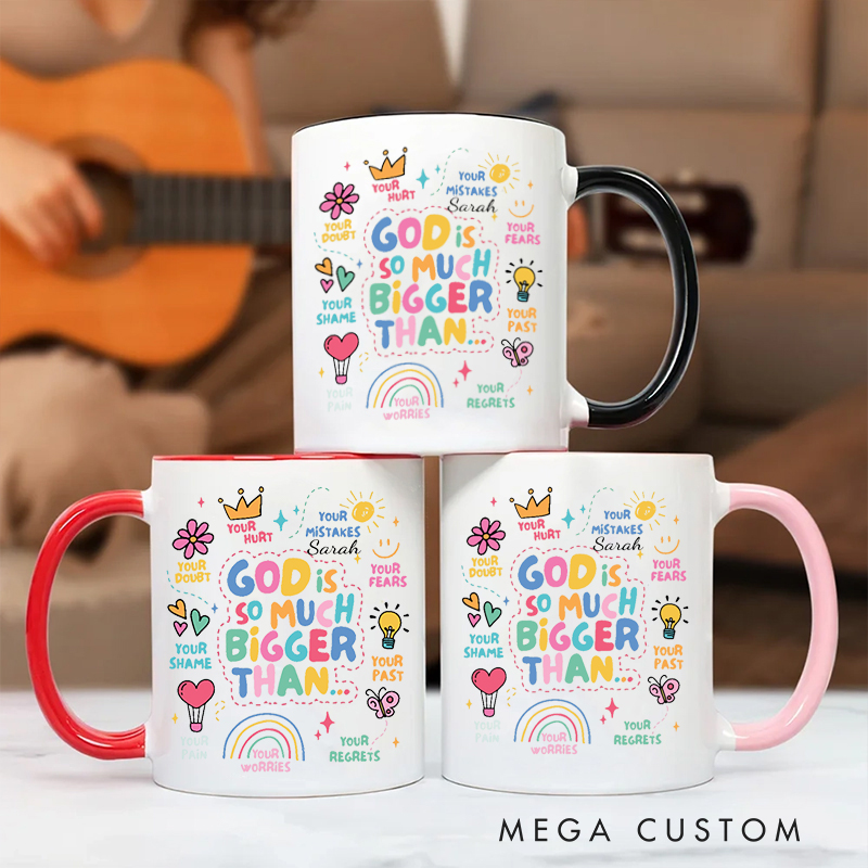 Personalized God Is Bigger Bible Verse Inner Color Ceramic Mug with Name Birthday Religious Inspirational Gift for Christian