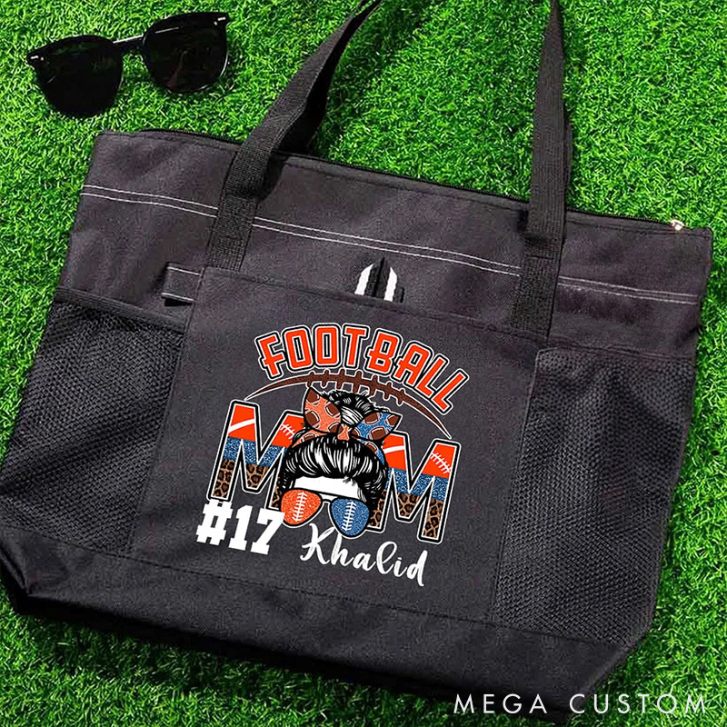 Personalized Football Mom Tote Bag with Custom Name and Number  