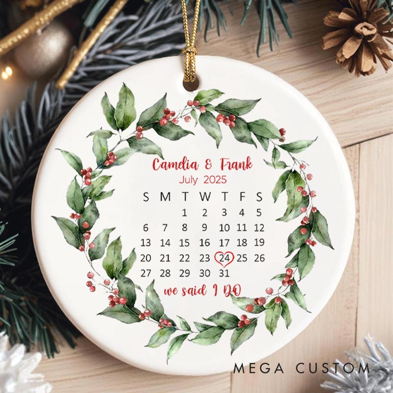 Personalized Wedding Date Calendar Ornament with Floral Wreath Christmas Ornament for Couple Husband Wife Xmas Decor Ornament