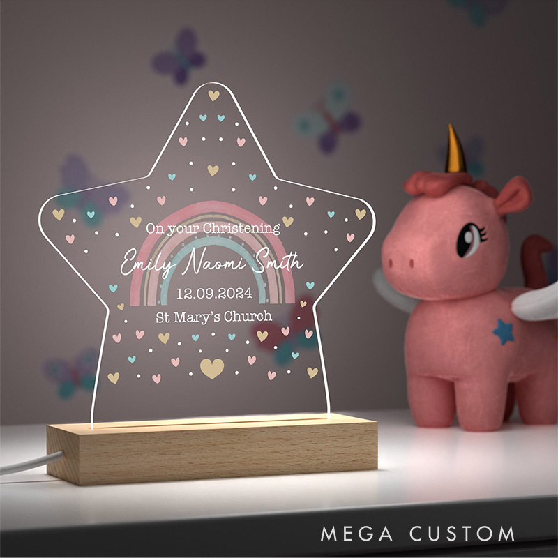 Personalized Rainbow and Heart LED Night Light with Name and Date Christening Keepsake Baptism Gift Religious Gift for Girls