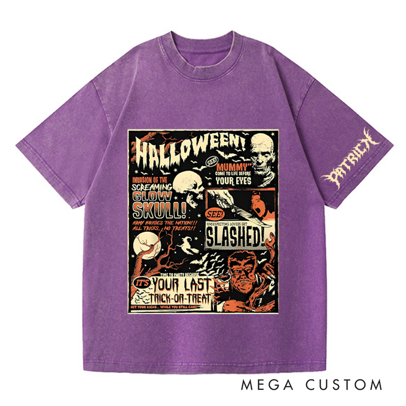 Personalized Halloween Poster Washed T-Shirts Horror Skeleton Tshirt for Movie Lovers