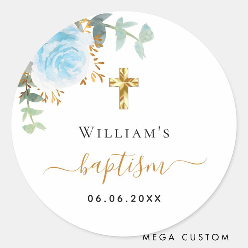 Personalized Eucalyptus Greenery Blue Floral Classic Round Sticker with Name and Date Religious Gift Baptism Gift