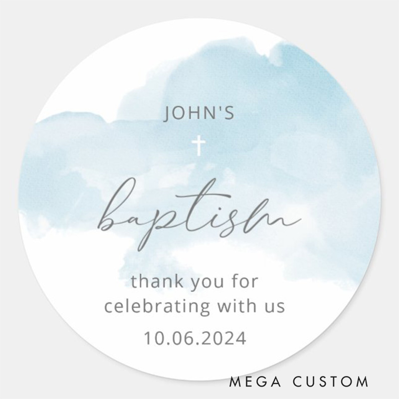 Personalized Minimal Blue Sky Classic Round Sticker with Name and Date Religious Gift Baptism Gift for Boys