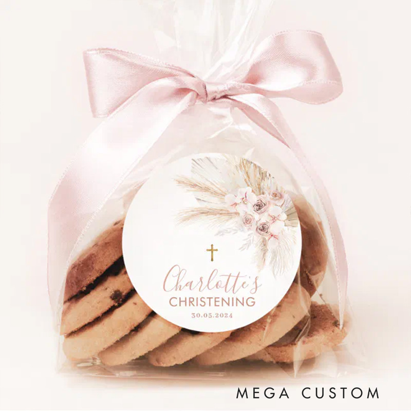 Personalized Boho Pampas Pink Floral Classic Round Sticker with Name and Date Religious Gift Baptism Christening Gift for Girls