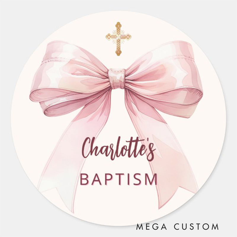Personalized Pink Bow Cross Cream Peach Classic Round Sticker with Name Religious Gift Baptism Christening Gift for Girls