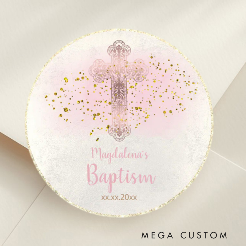 Personalized Holy Cross Classic Round Sticker with Name and Date Religious Gift Baptism Christening Gift for Girls