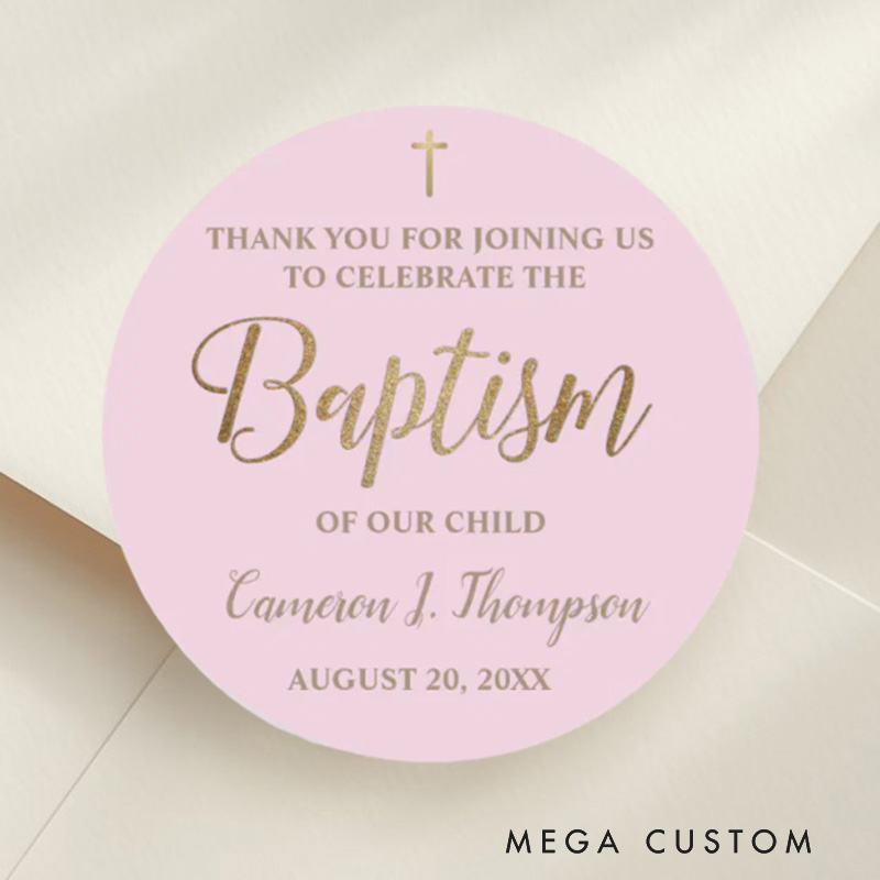 Personalized Gold Pink Thank you Classic Round Sticker with Name and Date Religious Gift Baptism Christening Gift for Girls