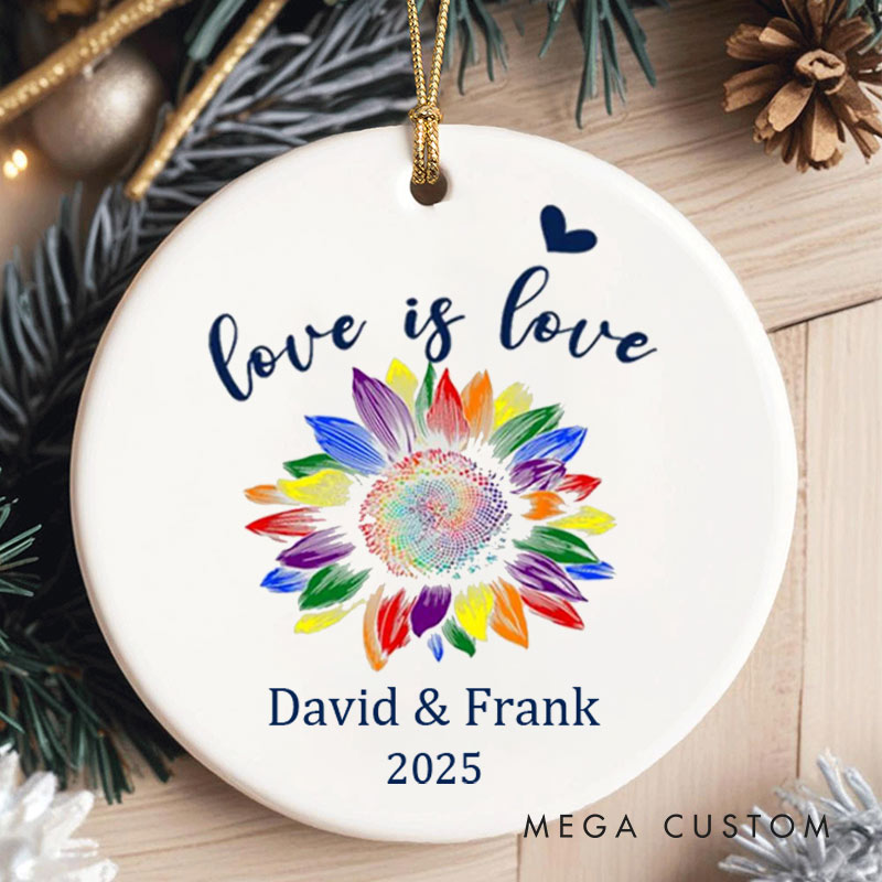 Personalized Love is Love Rainbow Sunflower Ornament LGBTQ Pride Ornament for Lesbian Gay LGBTQA+ Christmas Ornament