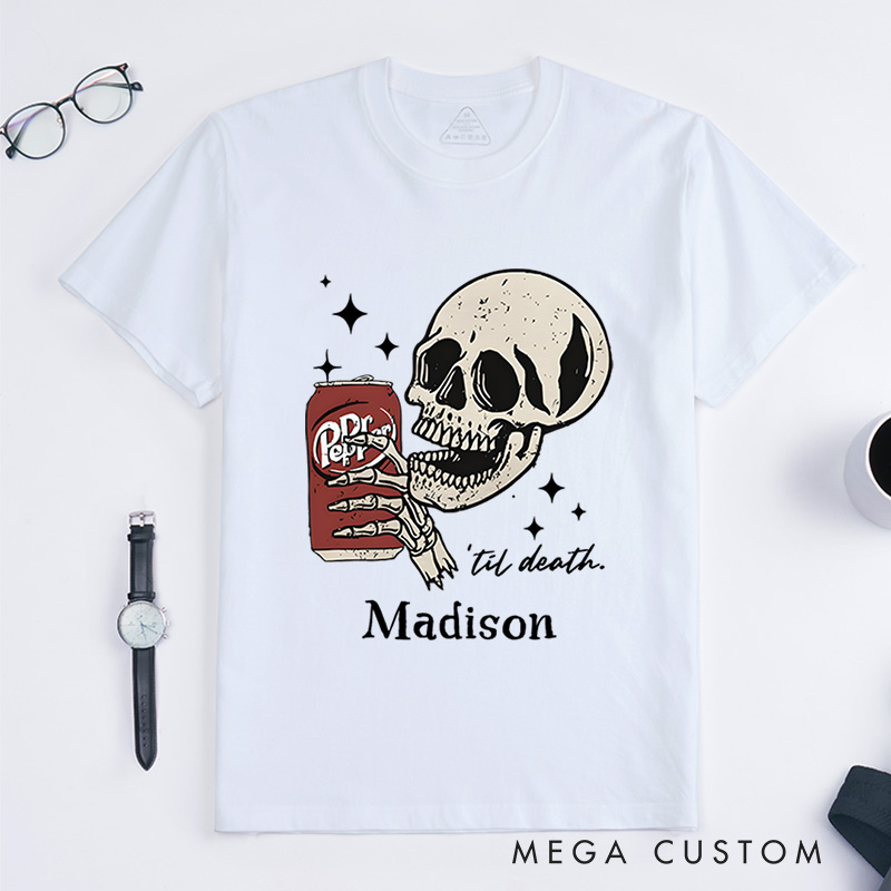 Personalized Skull and Drink Halloween T-Shirt Perfect for Adding a Playful and Spooky Vibe to Outfits T-Shirt