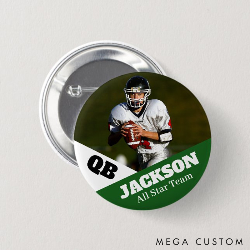 Personalized American Football Button Pin with Custom Name, Text and Photo