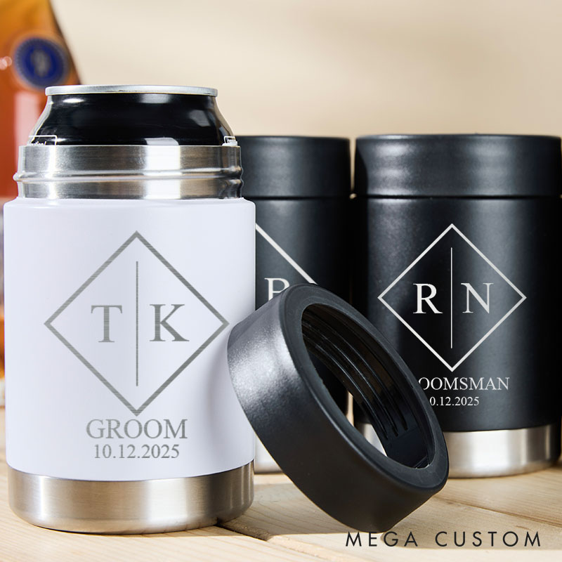 Personalized Minimalist Wedding Party Can Coolers Groomsmen Can Holder Groom Gift Beer Can Cool