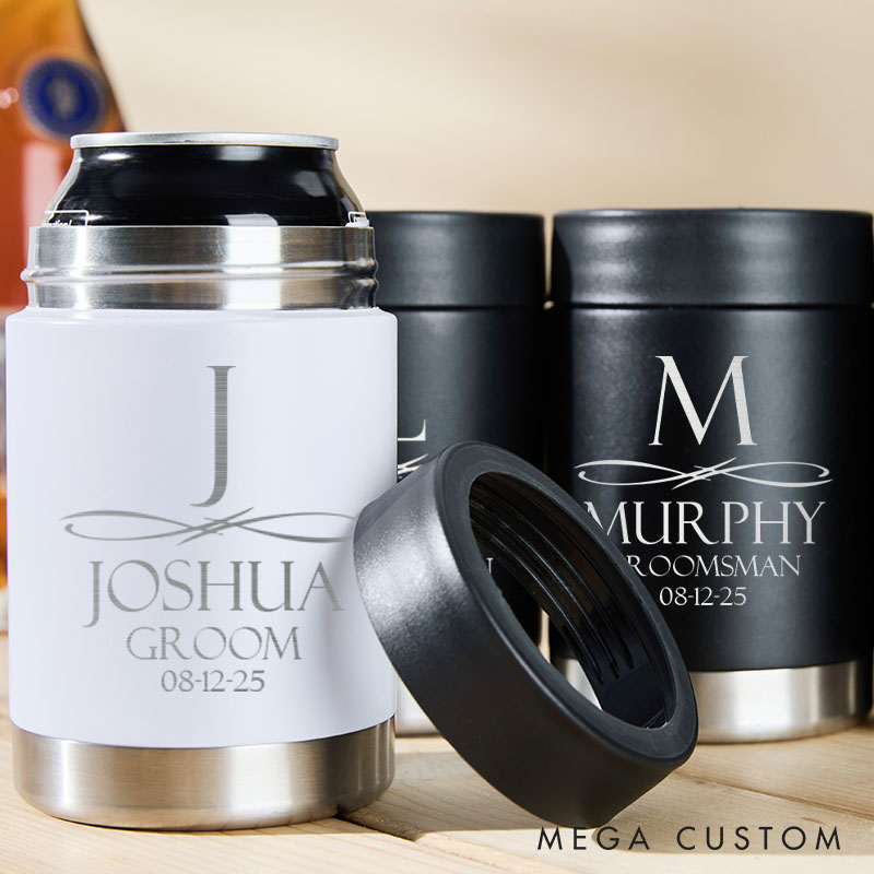 Personalized Initial and Name Wedding Can Cooler Bachelor Party Gifts for Groom Best Man Gift Can Holder Groomsmen Beer Can Cooler