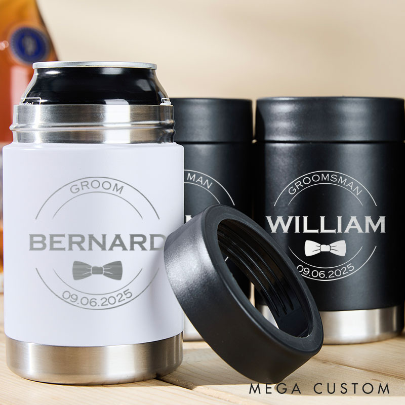 Personalized Wedding Can Cooler Groom Beer Can Cooler with Name Bachelor Gifts for Groomsmen Best Man Beer Can Holder