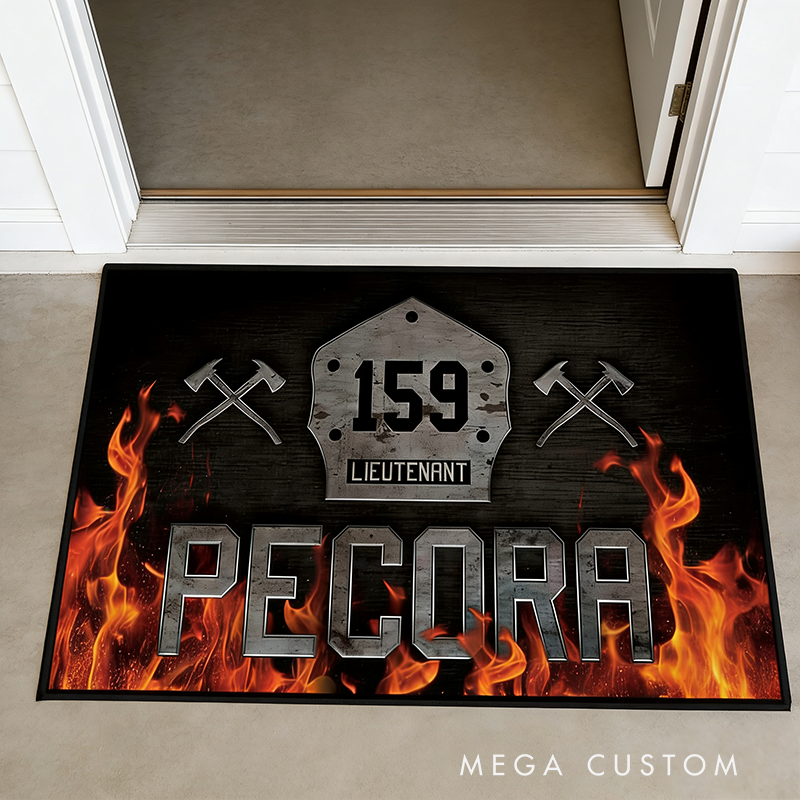 Personalized Firefighter Doormat Custom Name Number Fire Rug Gift for Fireman Families