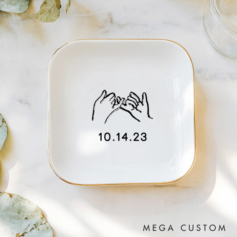 Personalized Minimalist Hand-in-Hand with Date Wedding Engagement Gold-Trimmed Ring Dishes