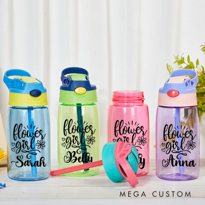 Personalized Flower Girl with Hearts and Flowers Wedding 16oz Kids Water Bottle with Straw