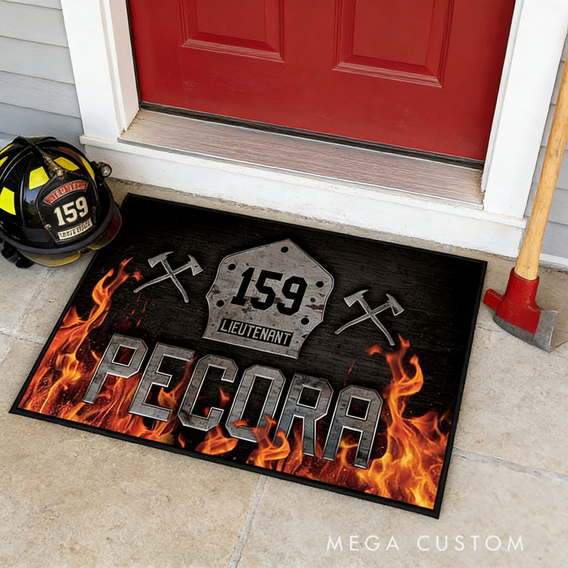 Personalized Firefighter Doormat Custom Name Number Fire Rug Gift for Fireman Families