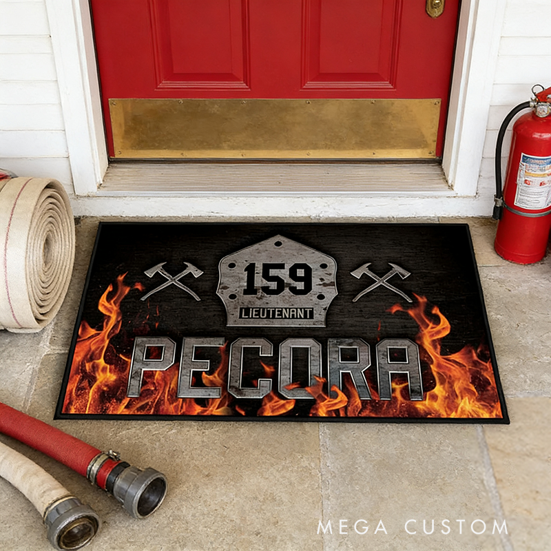 Personalized Firefighter Doormat Custom Name Number Fire Rug Gift for Fireman Families