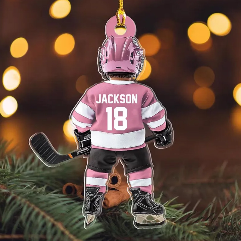 Personalized Hockey Player Ornament with Custom Name, Number, and Jersey Colors Design