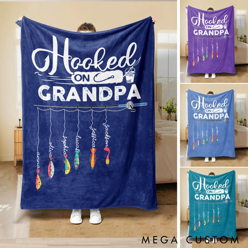 Personalized Fishing Blanket Funny Fishing Blanket Hooked On Name Blanket Custom Soft Cozy Sherpa Fleece Throw Blanket Cozy Gift for Fishing Lovers