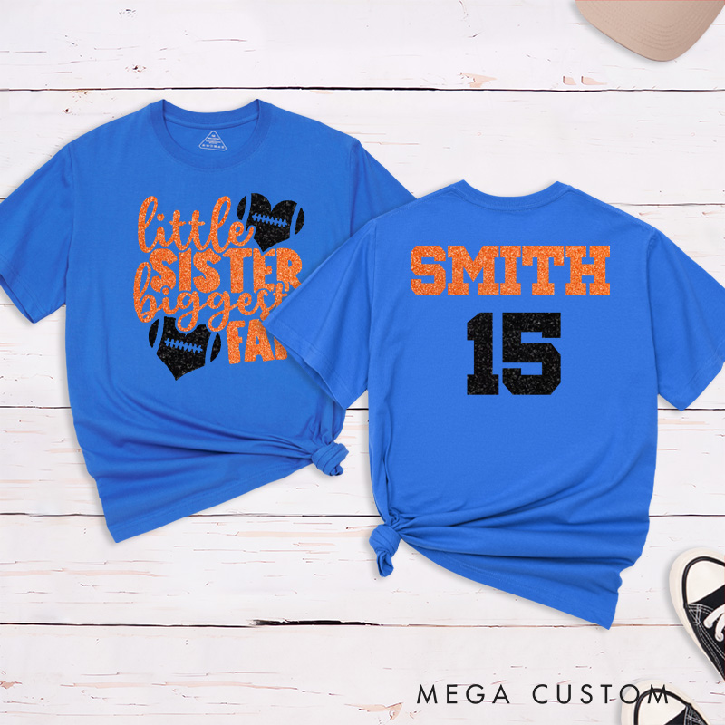 Personalized American Football and Rugby T-Shirts for "Little Sister Biggest Fans" with Custom Name and Number on the Jersey