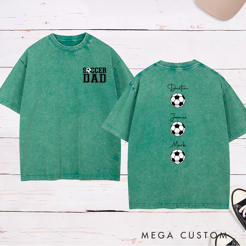 Personalized Soccer Dad Washed T-Shirt with Custom Kids’ Names and Ball Graphics