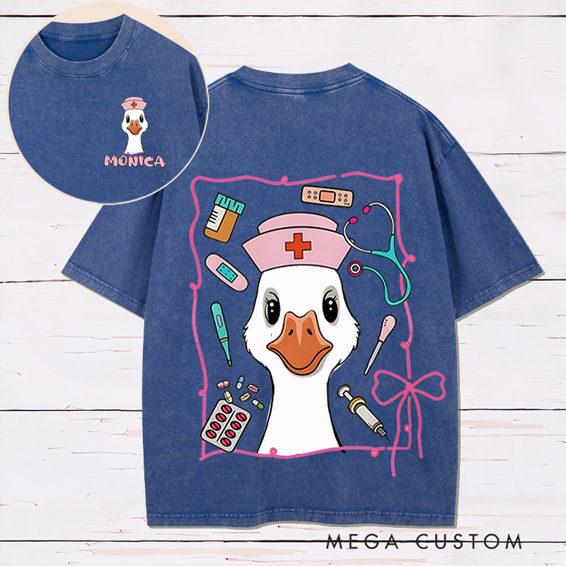 Personalized Two Sides Printed Washed T-Shirt Customized Nurse Goose with Medical Tools Cute Design Washed T-Shirt 
