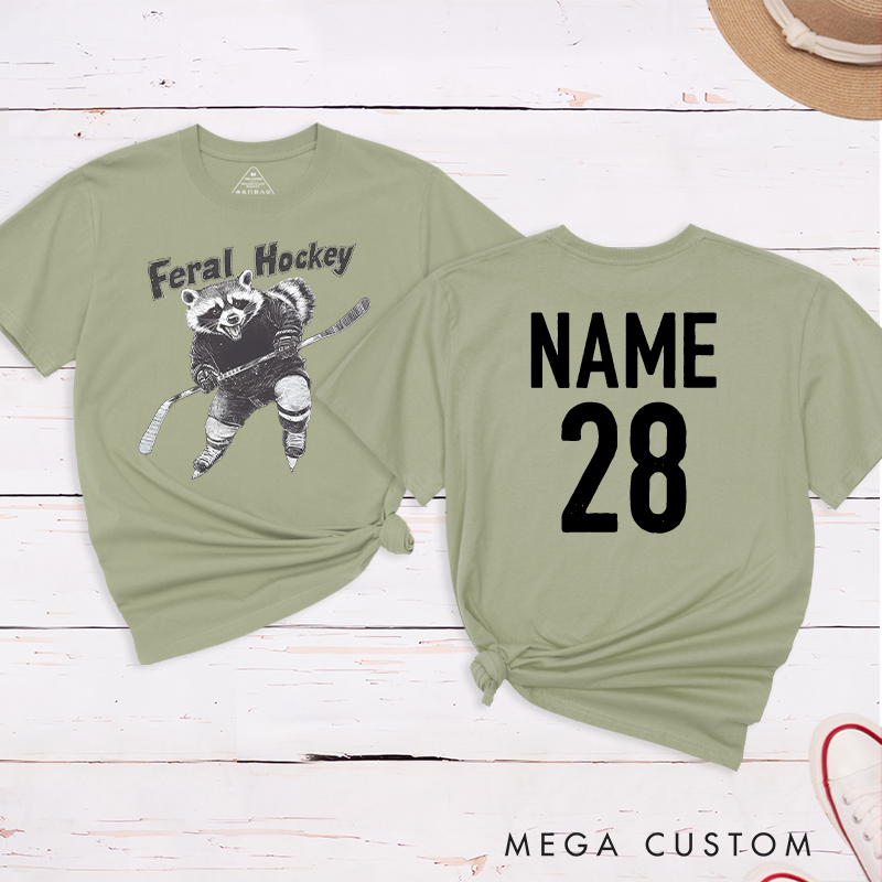 Personalized "Feral Hockey" Raccoon T-Shirt with Custom Name and Number