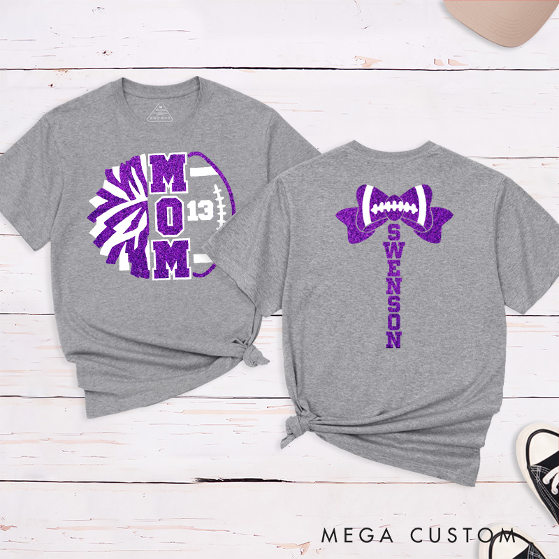 Personalized Glitter American Football and Rugby Cheer Mom T-Shirt with Custom Name on the Back and Number on the Front