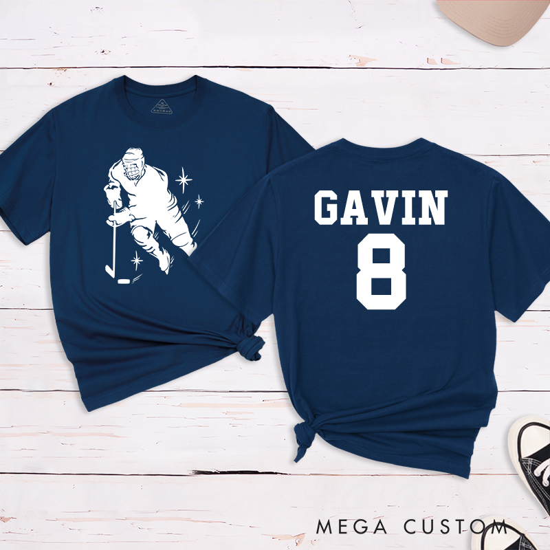 Personalized Hockey Player Silhouette T-Shirt with Custom Name and Number