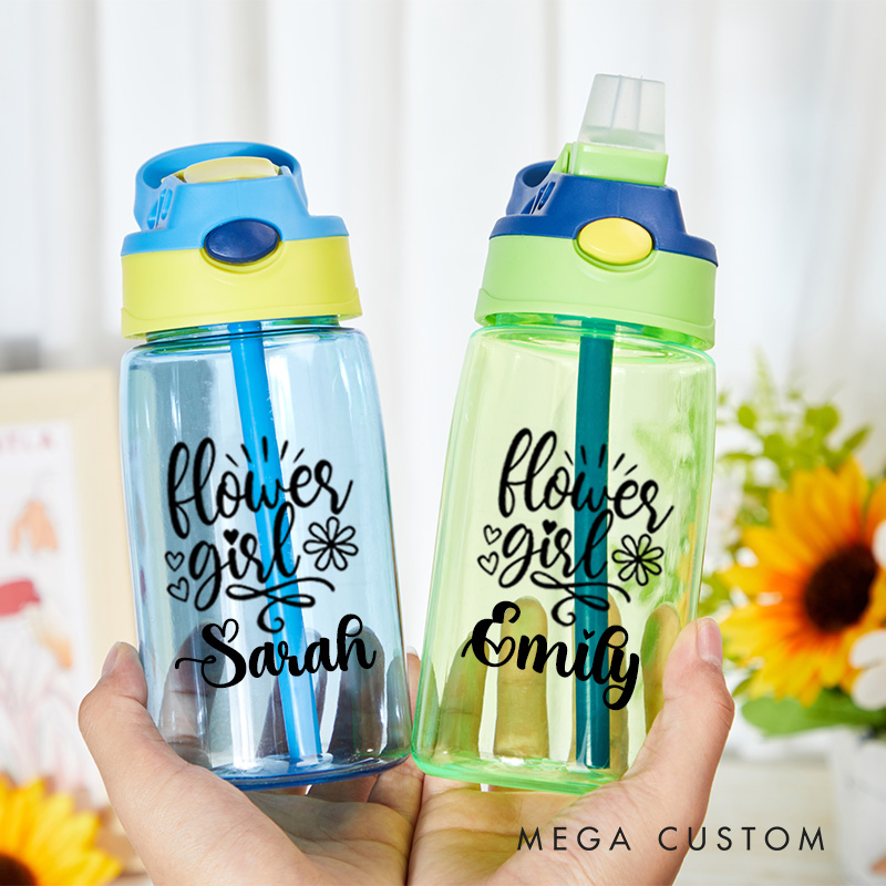 Personalized Flower Girl with Hearts and Flowers Wedding 16oz Kids Water Bottle with Straw