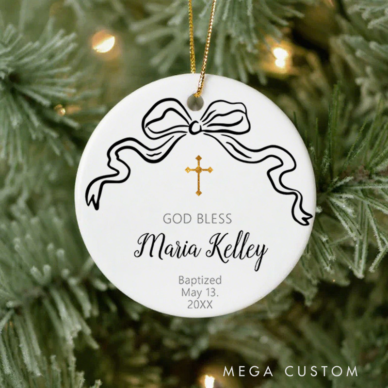 Personalized Bow God Bless Ceramic Ornament with Name Date First Communion Gift for Christian Baptism and Confirmation Gift 