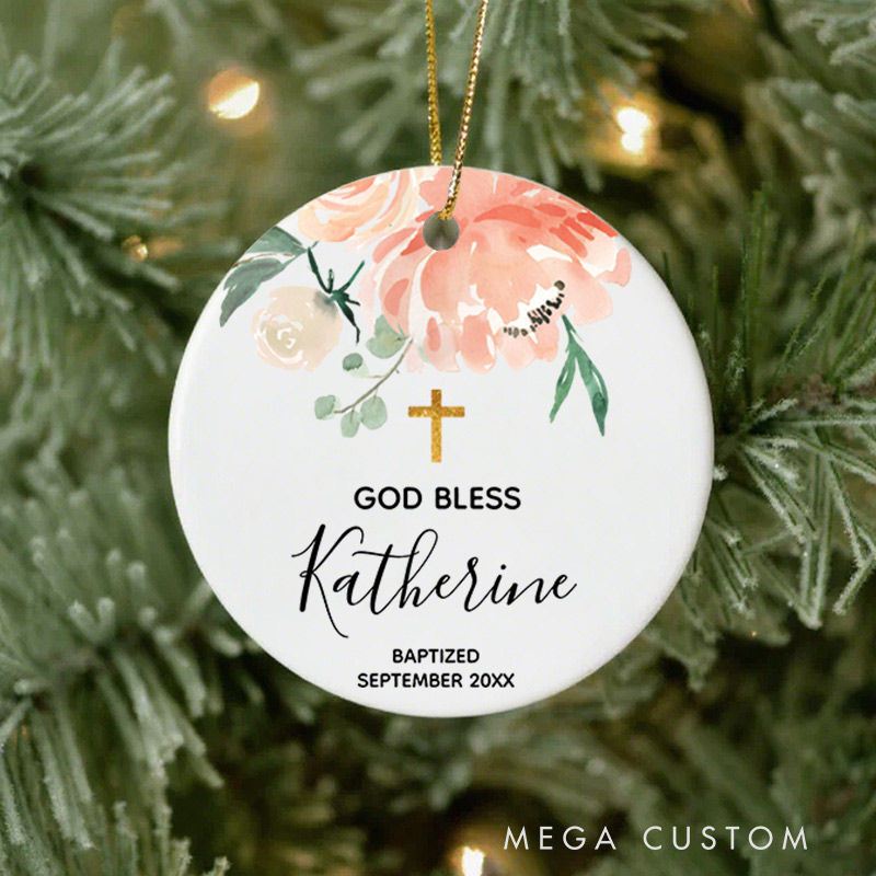 Personalized Peach Floral Ceramic Ornament with Name Date First Communion Gift for Christian Baptism and Confirmation Gift 