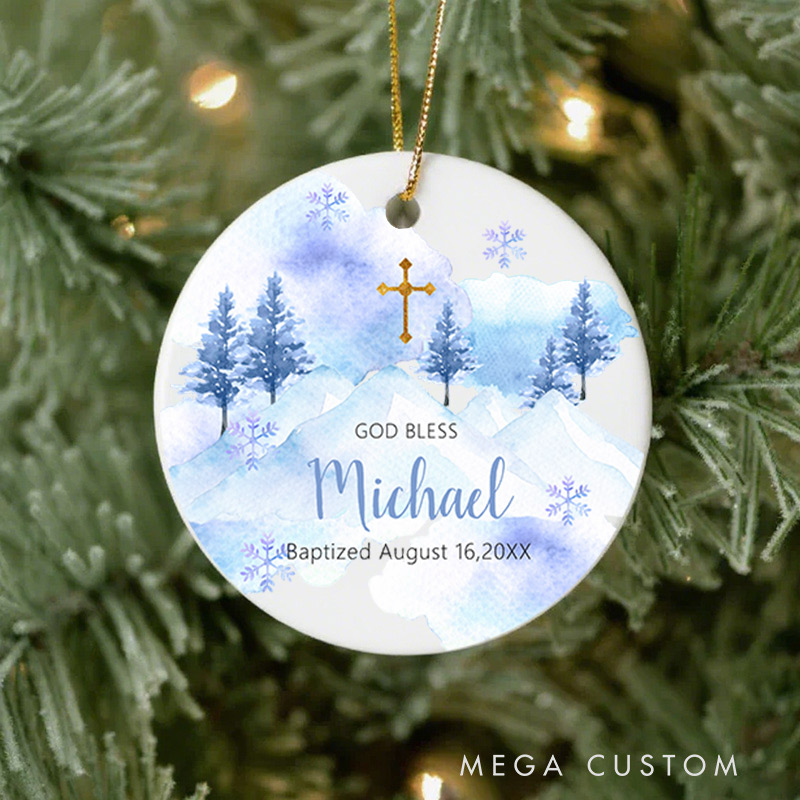 Personalized Winter Blue Snowflake Ceramic Ornament with Name Date First Communion Gift for Christian Baptism and Confirmation Gift