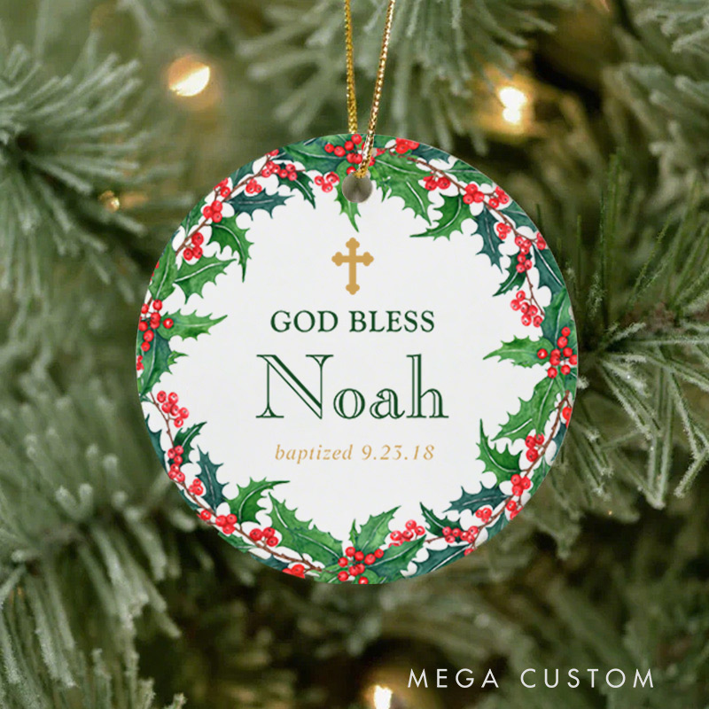 Personalized Wreath Ceramic Ornament with Name Date First Communion Gift for Christian Baptism and Confirmation Gift 