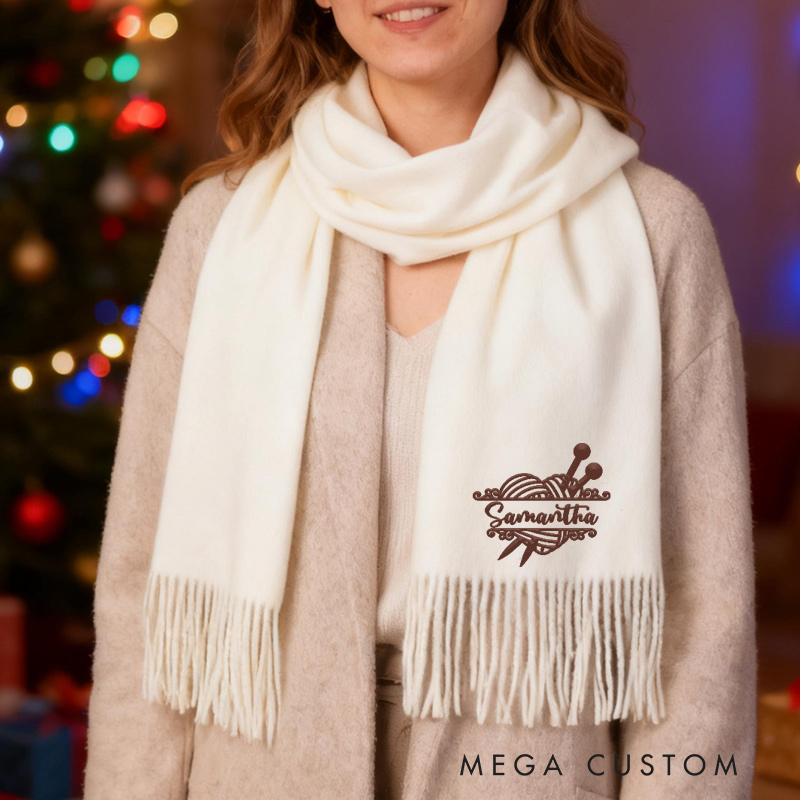 Personalized Super Soft Warm Scarf with Embroidered Knitting Yarn and Custom Name Gift For Knitting Lovers