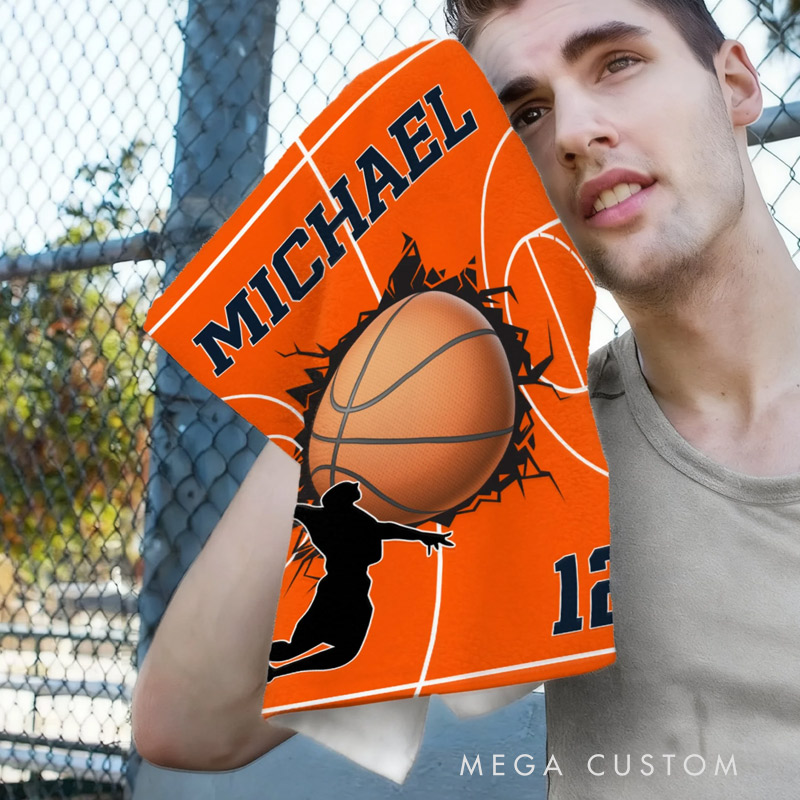 Personalized Character Silhouette Sports Towel with Name Number and Hanging Clip Game Day Gift for Sports Lovers