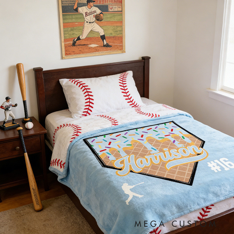Personalized Baseball Ice Cream Dripping Soft Fleece Throw Blanket with Name and Number Home Decor Game Day Birthday Gift for Baseball Lovers