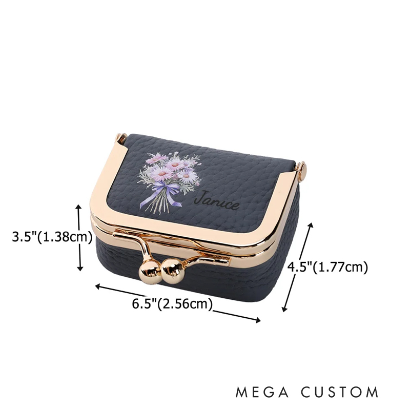 Personalized Birth Flower Bouquet Vintage Mini PU Leather Jewelry Box with Name and Kiss Lock Travel Essential Birthday Bridesmaid Gift for Women