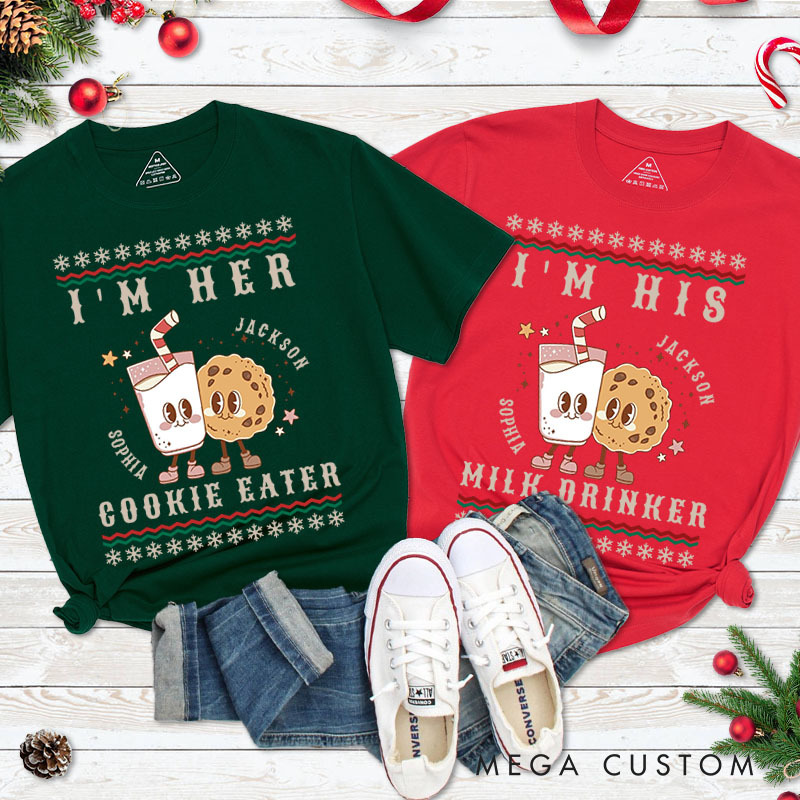 Personalized Couple I'm Her Cookie Eater Christmas Matching T-Shirt Couple I'm His Milk Drinker Xmas T-Shirt for Husband Wife Boyfriend Girlfriend