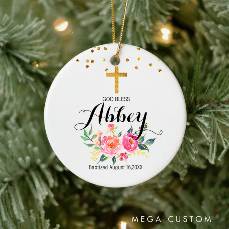 Personalized God Bless Flower Ceramic Ornament with Name Date First Communion Gift for Christian Baptism and Confirmation Gift 