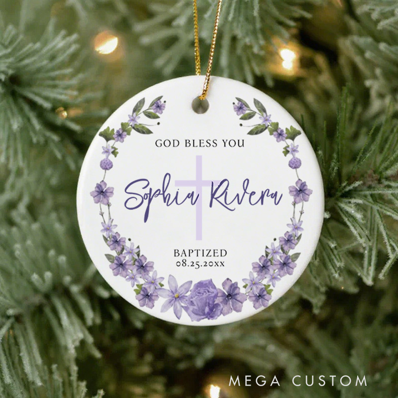 Personalized God Bless Christening Ceramic Ornament with Name Date First Communion Gift for Christian Baptism and Confirmation Gift 