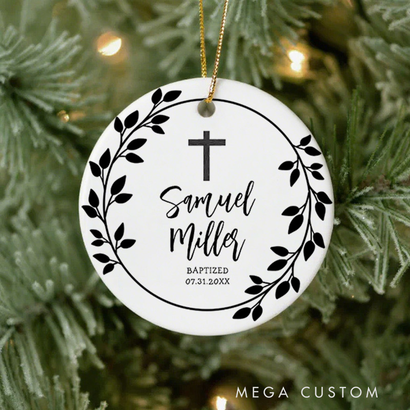Personalized Christening Black Leaves Ceramic Ornament with Name Date First Communion Gift for Christian Baptism and Confirmation Gift