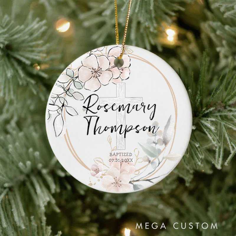 Personalized Watercolor Soft Pink Flowers Ceramic Ornament with Name Date First Communion Gift for Christian Baptism and Confirmation Gift 